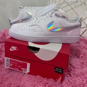 Women's Nike Court Vision Low, White Leather and holographic swoosh, size 8.5